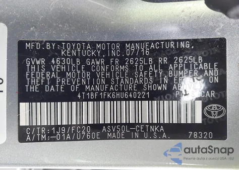 2017 Toyota Camry Le z USA, uszkodzony, nr VIN 4T1BF1FK6HU640221